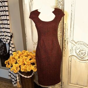 LK Bennett Deep Red Wool Mohair Tweed Cap Sleeve Midi Dress